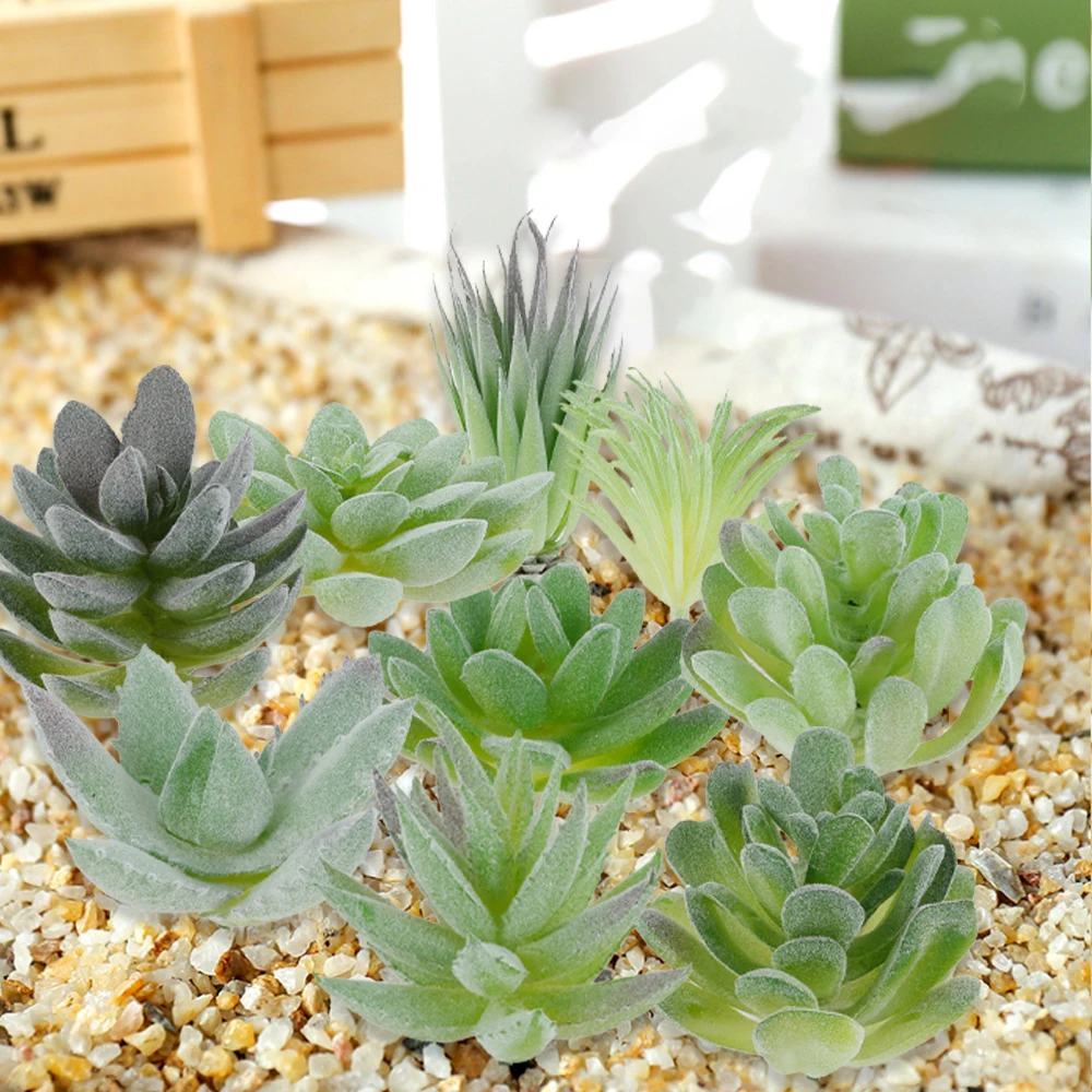 

9pcs Green Purple Flocking Artificial Succulents Plants Home Garden Decoration Plastic Plants Mini Desktop mini Bonsai