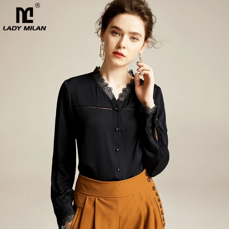 100% шелк Женская подиумная рубашка сексуальный v образный вырез с длинными