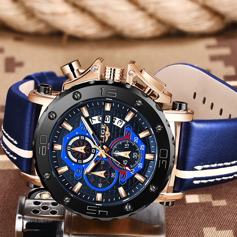 Часы наручные LIGE Мужские кварцевые с большим циферблатом брендовые Роскошные