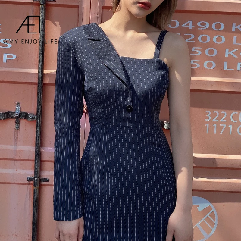 Женское Бандажное платье AEL синее на одно плечо с открытой спинкой лето 2020