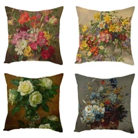 linen flowers paintings cushion cover roses and vase orange pomegranate throw pillow cover floral pillowcases