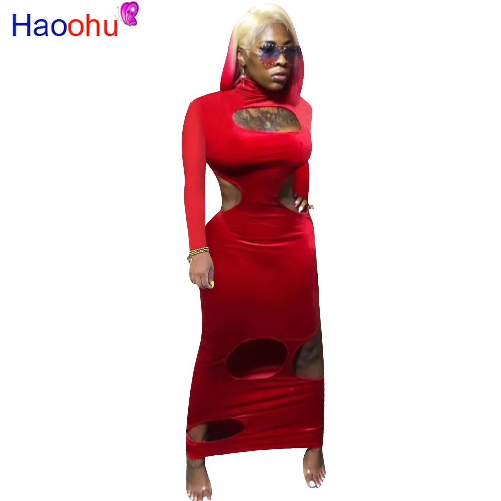 

Women Winter Fall Long Maxi Dress Full Sleeve Hole Hollow Out Sexy Dress Club Night Party Street Bandage Bodycon Dresses