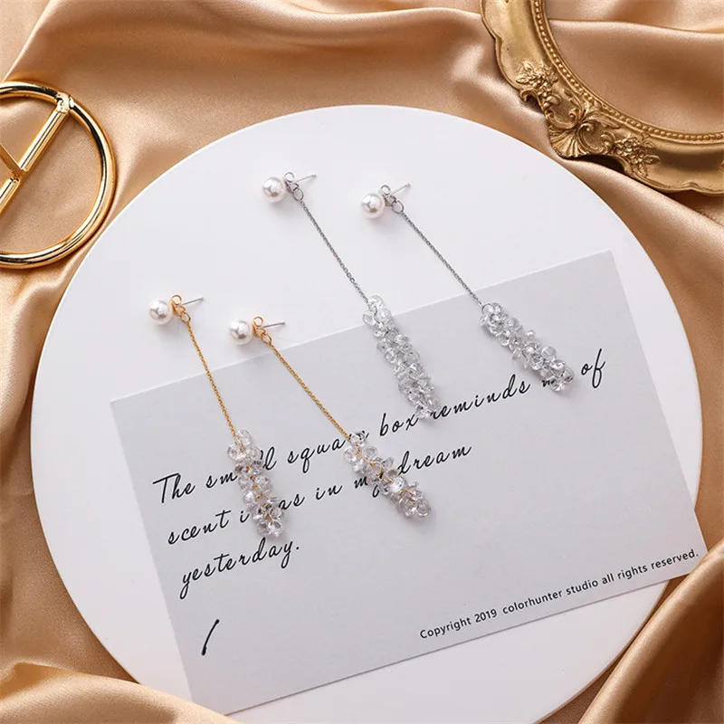 Новые корейские милые жемчужные серьги-цепочки с кристаллами и кисточками