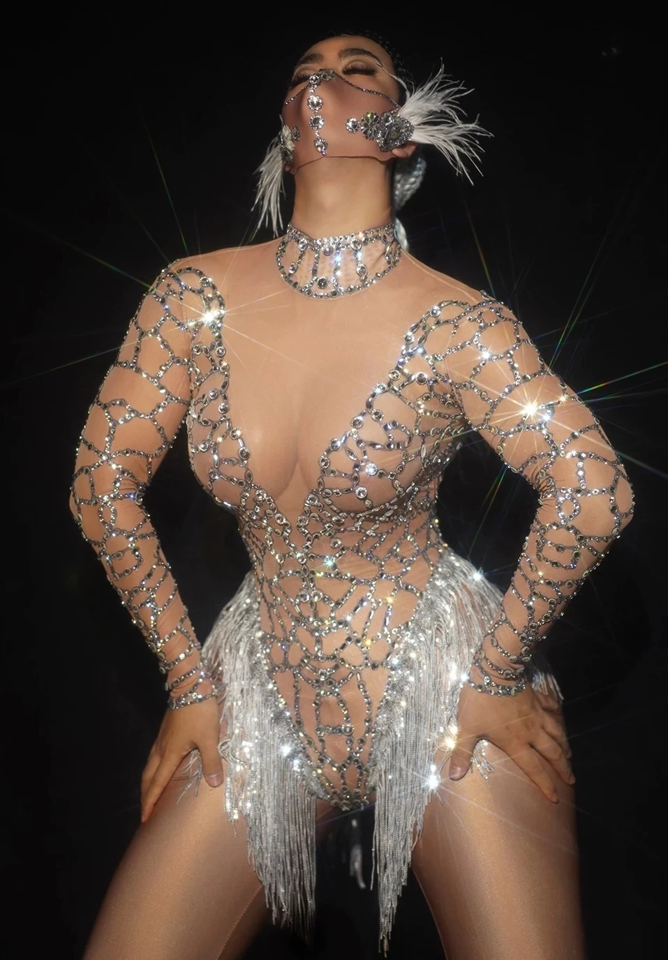 Сексуальное телесное Сетчатое Женское боди Стразы для ночного клуба