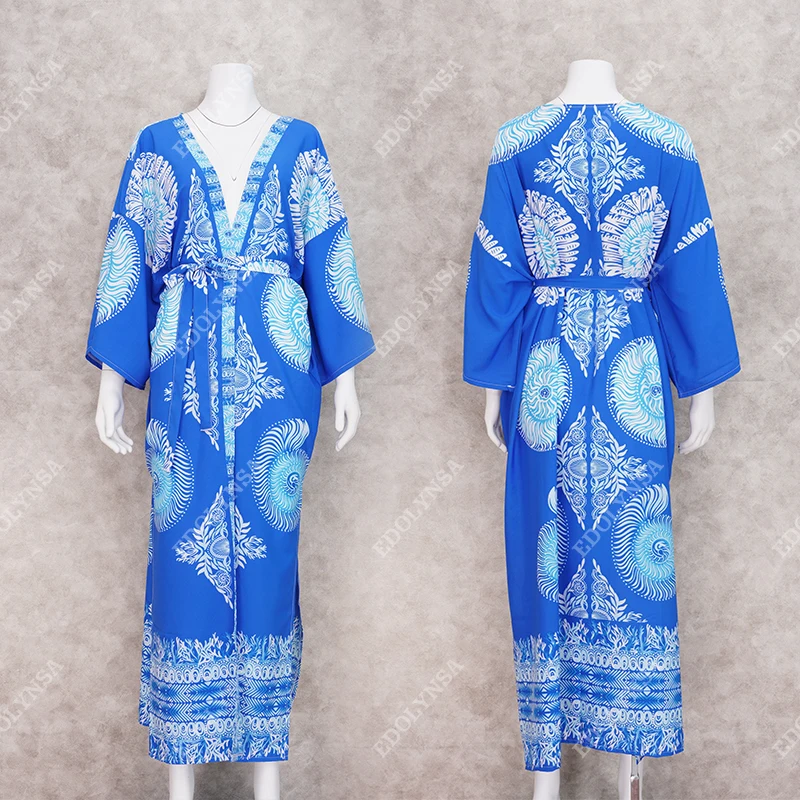 Женская длинная хлопковая блузка голубая пляжная блузка-кимоно с богемным