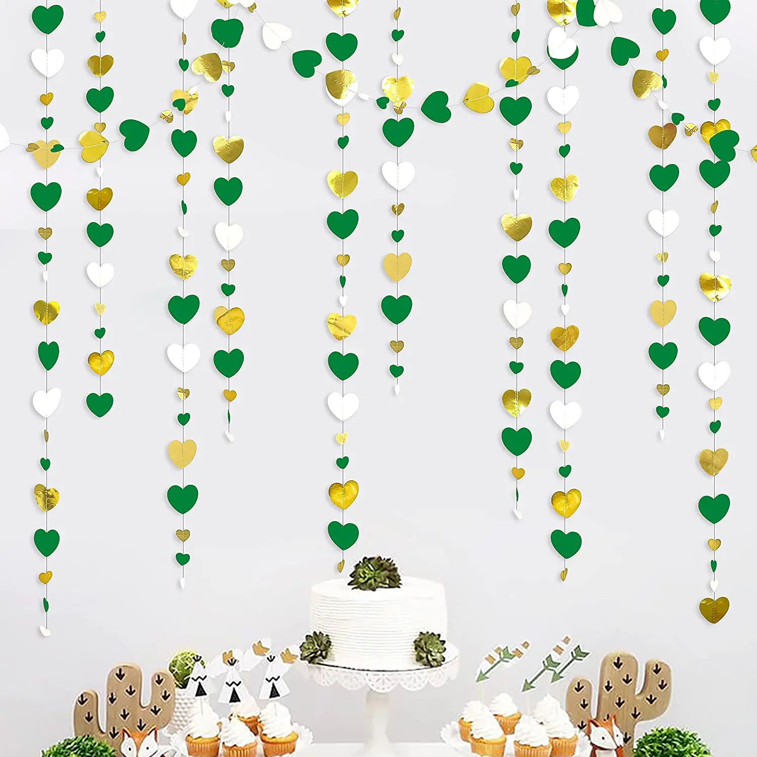 

13Ft Spring St Patricks Day Party Green White Gold Love Heart Garlands Hanging Paper Streamer for Wedding Valentines Party Decor