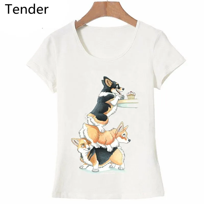 Clever Corgi Stealing Print T-Shirt Women Summer Funny T-shirt Lovely Dog Cartoon Casual Tops Cute Tshirt Female Short Sleeve