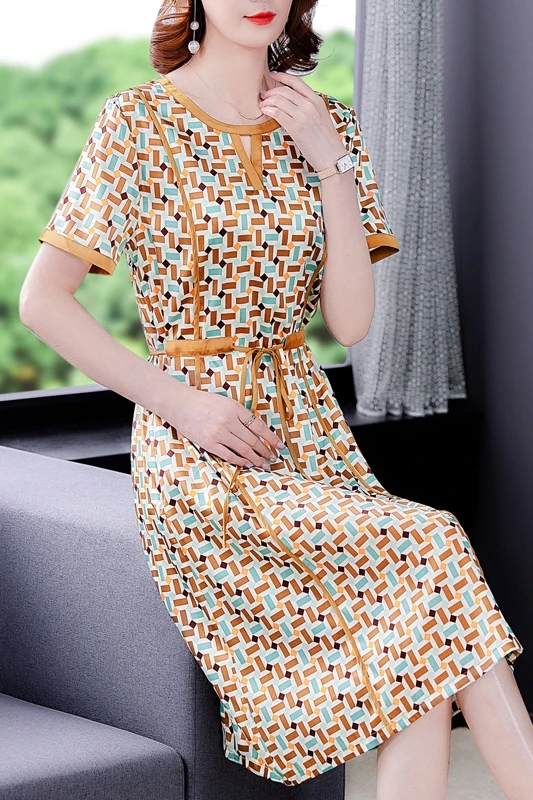 

COIGARSAM Women Long Dress Summer 2021 New Office Lady Vintage Print Short Sleeve O-Neck High Waist Ga Color Dresses Traf Robe