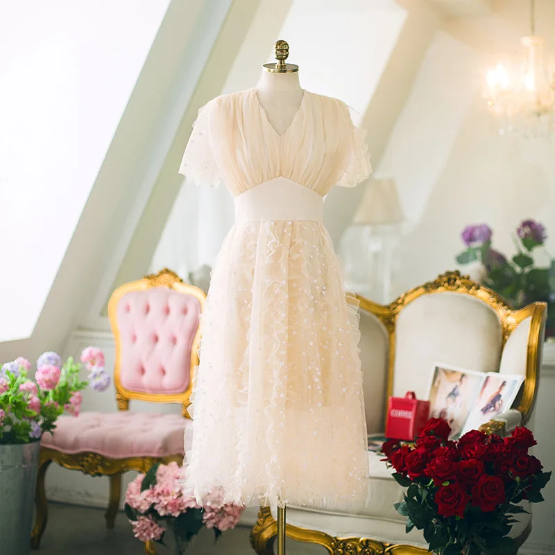 

Polka Dot Sweet Ruffles Drses Chiffon Women Casual Patchwork Elegant Midi V Neck Pleated Fairy Beach Summer Girls Lace Dresses