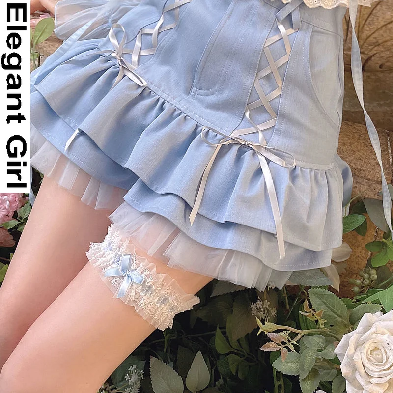 

Japanese Kawaii Elegant Lolita Sexy Skirt Women Summer Mini Skirt Casual Designer High Waist Lace Bandage Y2k Sweet Skirt 2021