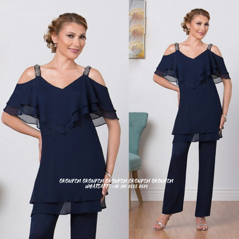 

Mother Of The Bride Dresses 2021 Pants Suit 2 Pieces Navy Blue Beaded Spaghetti Straps Sexy Wedding Guest Gowns Vestido Madrinha