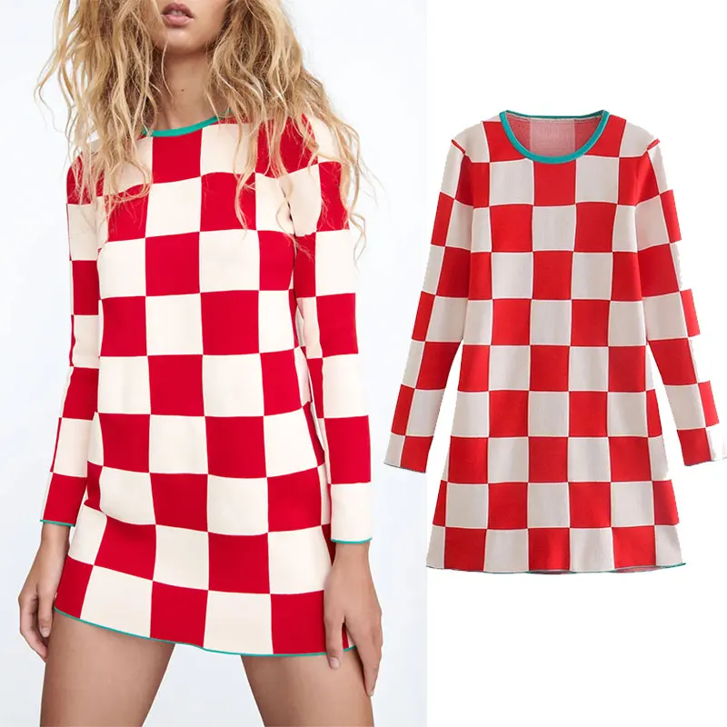 

Женское трикотажное жаккардовое мини-платье Za, винтажное облегающее вечернее платье с длинным рукавом, осень 2021