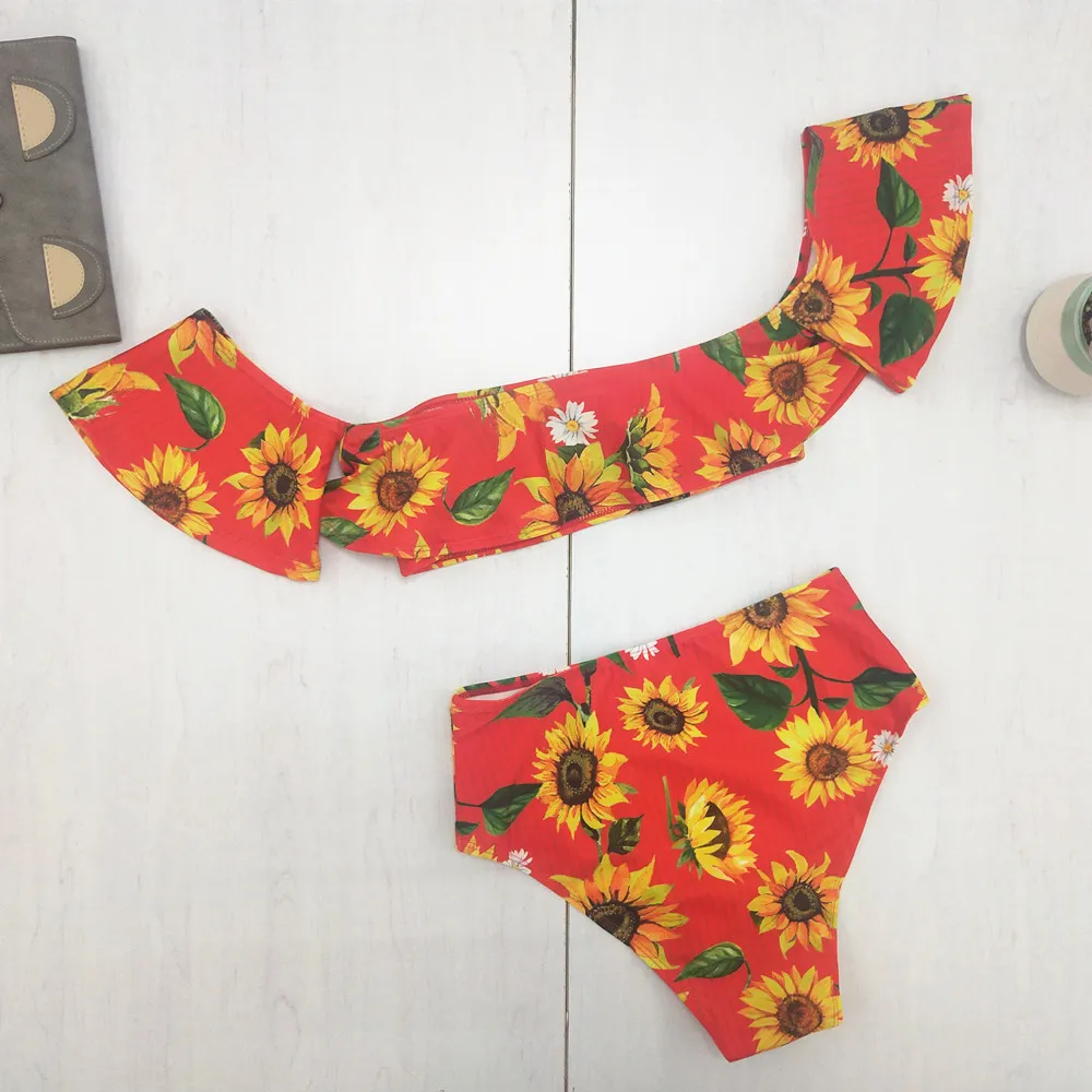 

Sexy Sunflower Print One Shoulder Swimwear Women Print Swimsuit High Waist Bathing Suit Biquini Female Beachwear