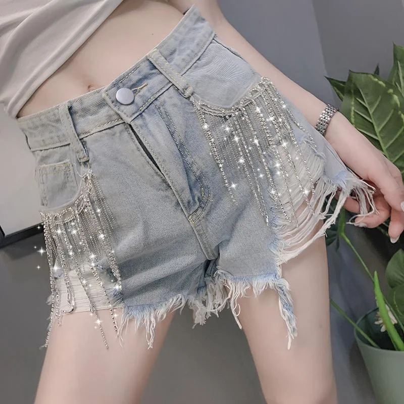 

Women's Denim Shorts Pearl Ripped Hole Shorts Classic Vintage High Waist Blue Wide Leg Female Caual Summer Ladies Jeans