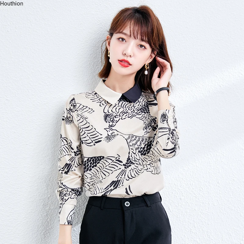 

Autumn New Women's Blouses Lapel Shirt Long Sleeve Top Stitching Blouse Printing Chiffon Casual Fashion Loose