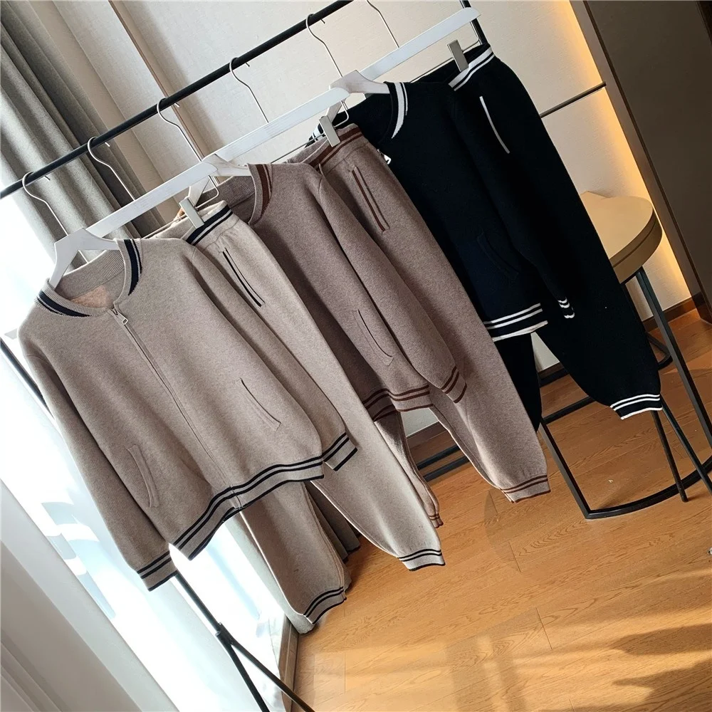 

Juice Snow2020 Autumn And Winter New Casual Round Neck Long Sleeve Hit Color Striped Zipper Jacket High Waist Knitted Pants Suit
