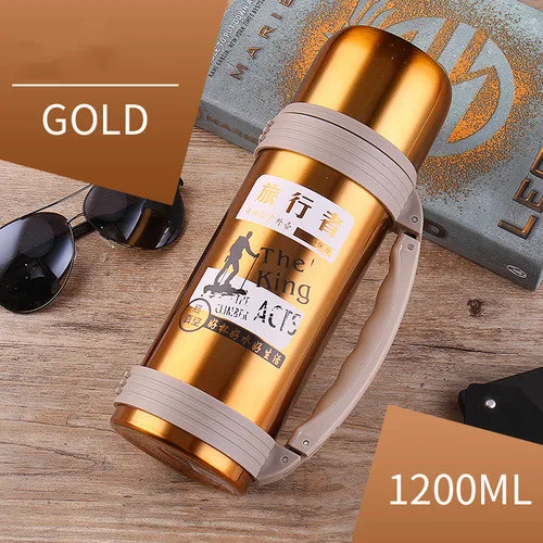 Gold color 1200ml 304 термос большой емкости из нержавеющей стали, 1200 мл, 1500 мл, 2л, для машины, для путешествий, портативная бутылка-термос л - Цвет: Gold color 1200ml