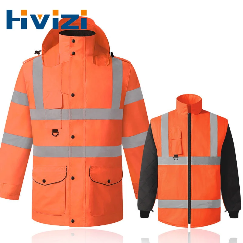 Winter Zipper High Visibility Waterproof Bomber Jacket With Detachable Liner Safety Workwear Clothing Reflective Working Clothes |