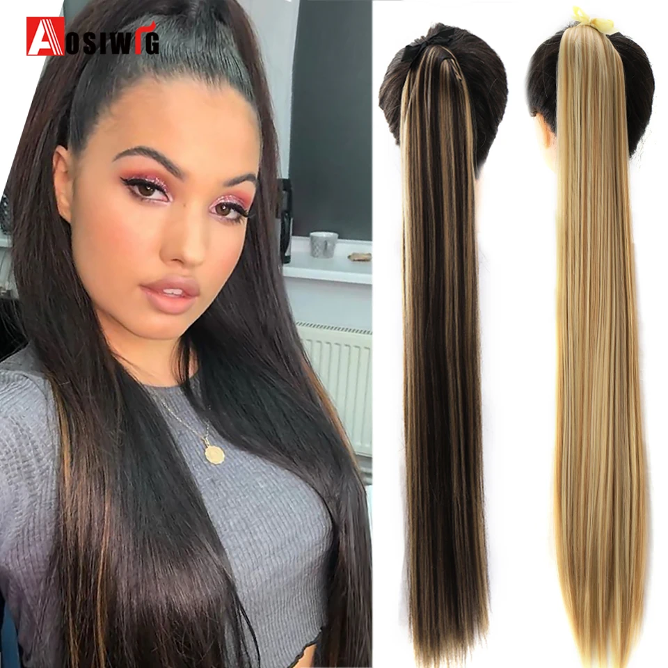 AOSIWIG Long Straight High Temperature Synthetic Drawstring Ponytail Clip in Pony Tail Extension Hairpiece Frosted Wig for Women | Шиньоны и