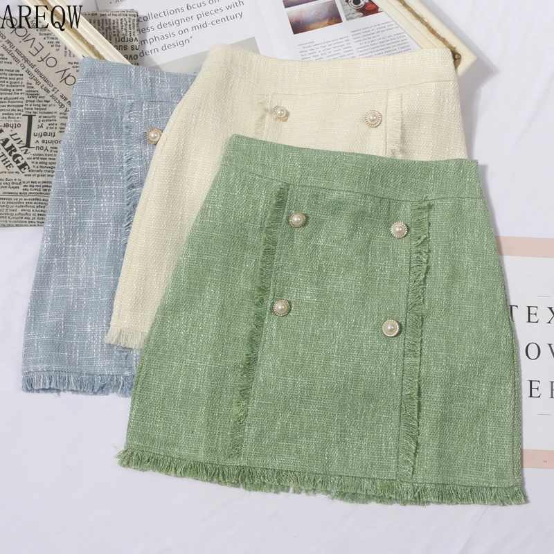 Бриз твид Женская юбка пуговица Высокая с тонкой талией 2019 осень зима выше колена