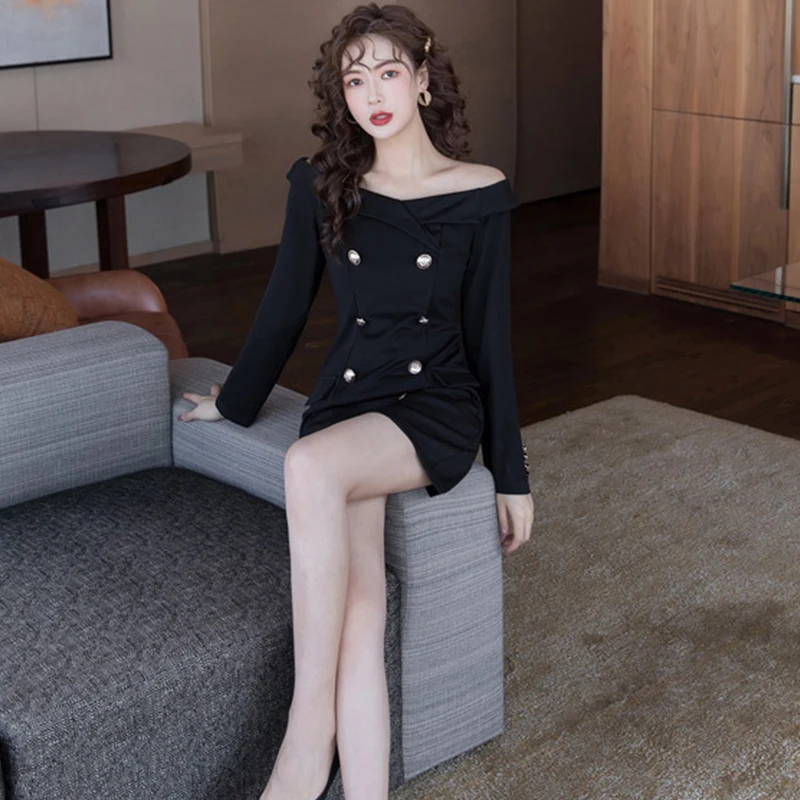 

new arrival fashion comfortable black formal dress temperamental Double breasted vintage elegant cute fresh mini a-line dress