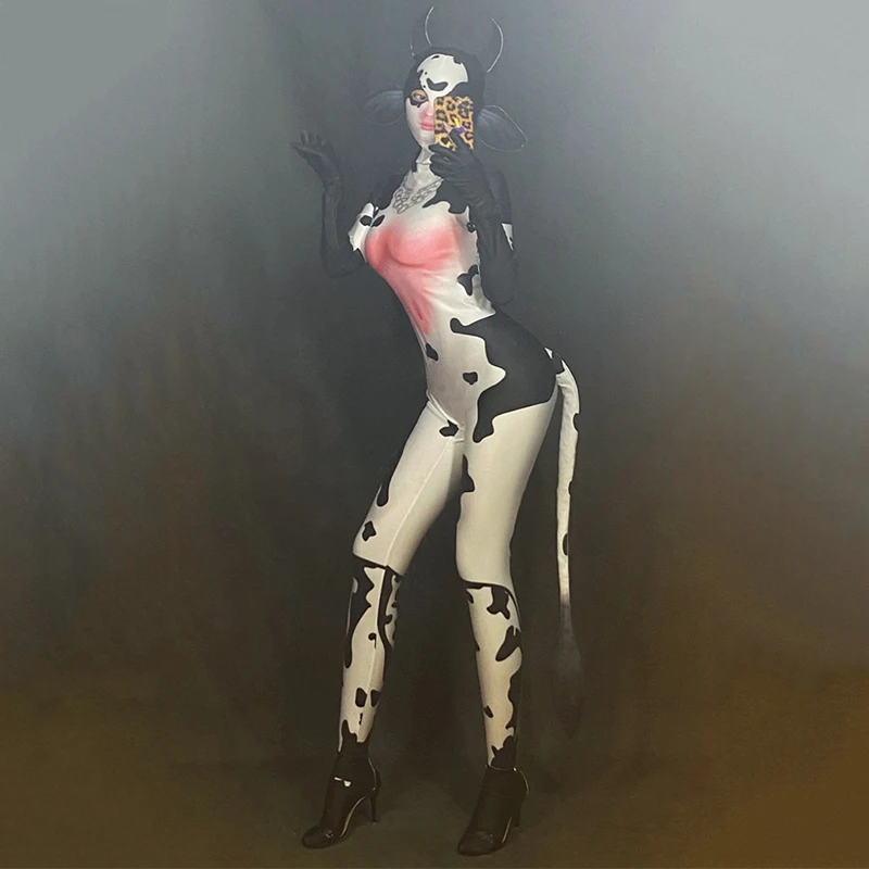 Женский комбинезон с рисунком коровы белый костюм для танцевальных шоу