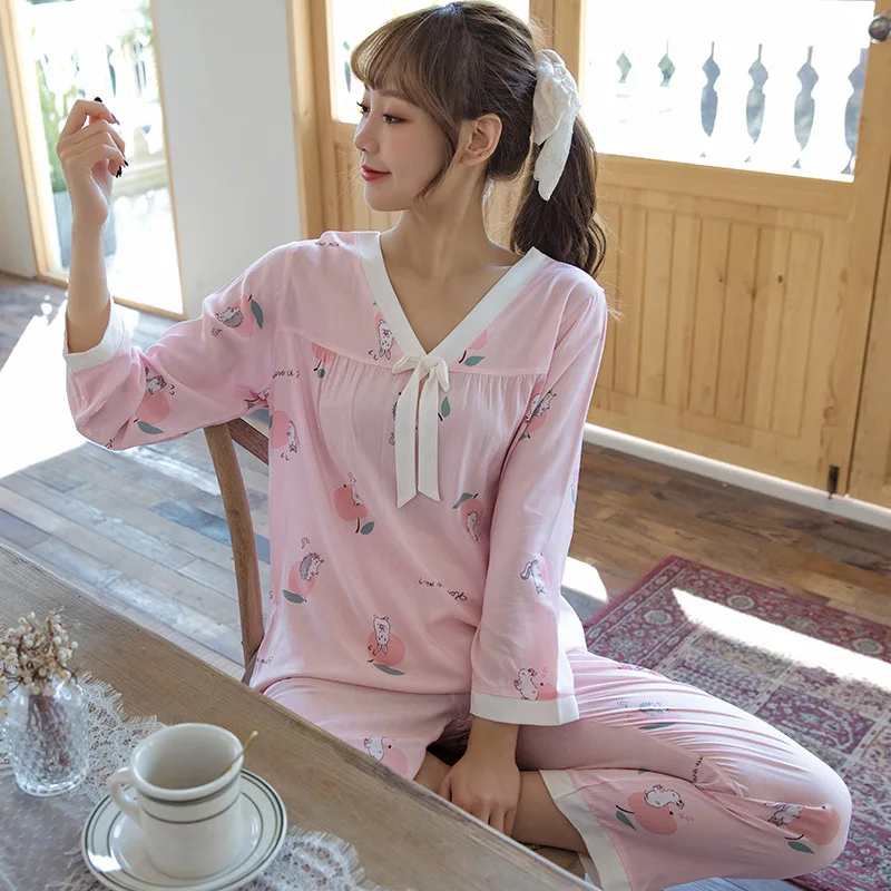 

Women Sleepwear Cotton V-neck Pajamas Soft 2 Piece Sets Casual Print Shirt&Pants Intimate Lingerie 2021 New Nightwear