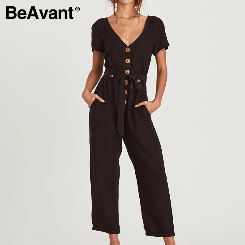 

BeAvant short sleeve fashion long jumpsuits women high waist sash buttons cotton playsuits rompers Spring summer overalls 2020
