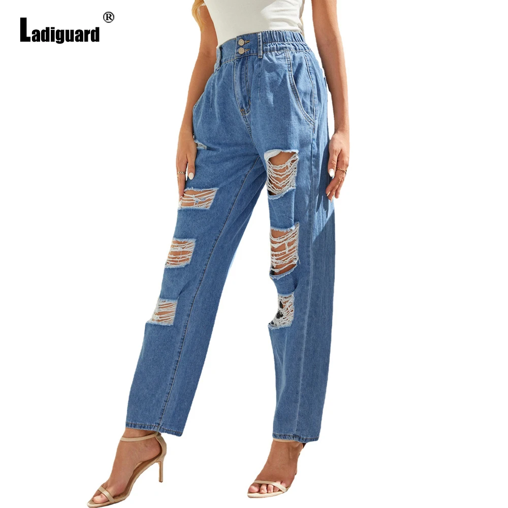 Ladiguard High Cut Women's Jeans Sexy Fashion Staight Leg Pants Hole Ripped Denim Pant Blue Vintage Pantalon Vaqueros Mujer 2021
