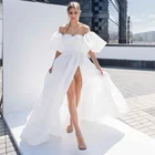 Недорогие белые свадебные платья 2021, платье невесты с коротким пышным рукавом, женское платье с высоким разрезом, а-силуэт, пляжные свадебные платья, сердечко
