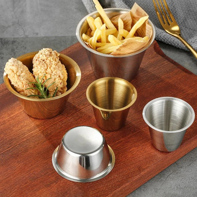 

Golden Sauce Dish Appetizer Serving Tray Stainless Steel Ketchup Spice Plates Kitchen Seasoning Cup Dipping Bowls Container