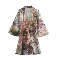 women 2021 za fashion with belt crossover flowers print blouses vintage long sleeve side vents female shirts blusas kimono tops