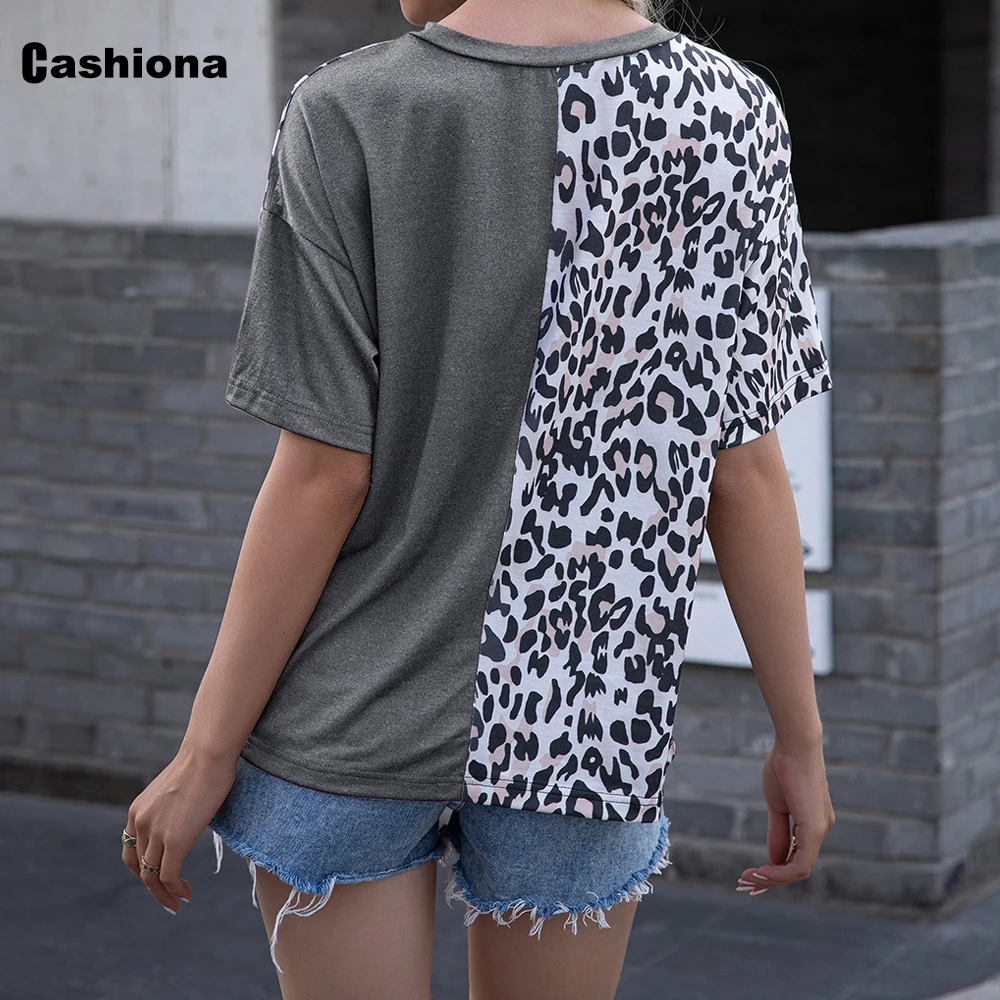 

Cashiona 2021 Summer New Patchwork Women's Top Casual Loose T-shirt Model Leopard Print Tshirt Pullovers Leisure Womens Clothing