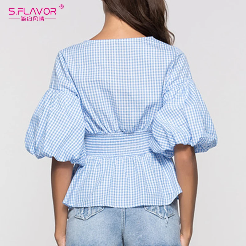 S. FLAVOR сексуальные женские топы одежда 2020 круглый вырез короткий рукав фонарик