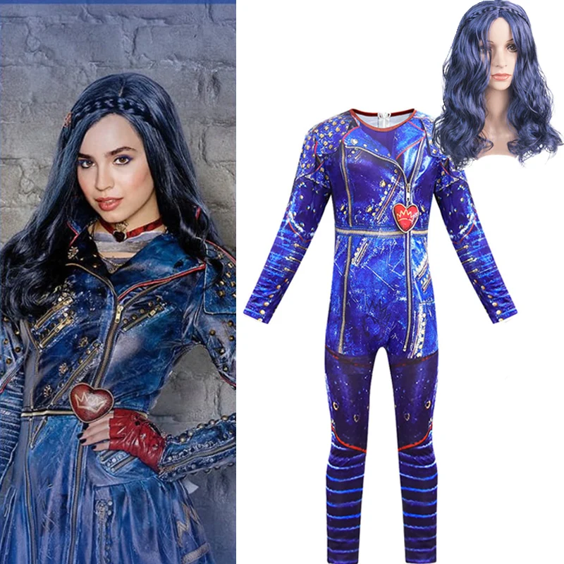 Потомки 3 Evie комбинезоны синий парик косплей костюм 3D печатных Хэллоуин Descendants3 Детские костюмы для девочек