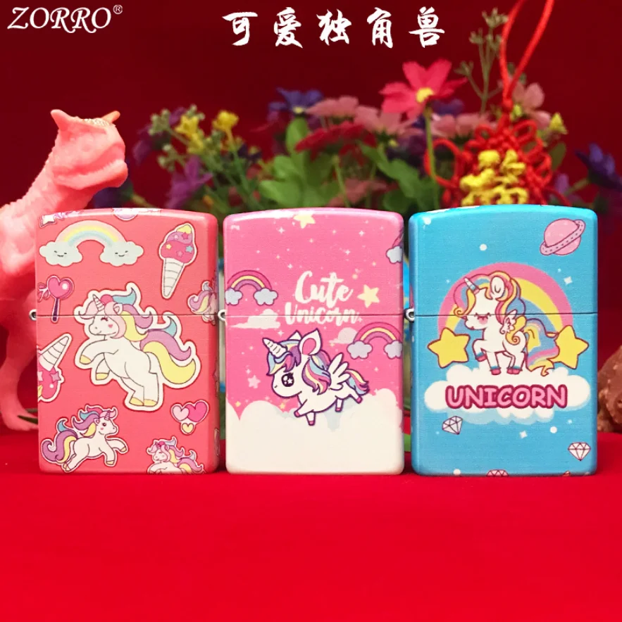 Zorro цветная печатная серия керосиновая Зажигалка супер милая Радуга Единорог