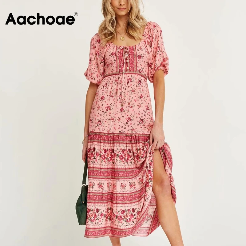 

Платье Aachoae женское в стиле бохо, Пляжное Длинное свободное винтажное Плиссированное, с цветочным принтом и рукавами-фонариками, на лето