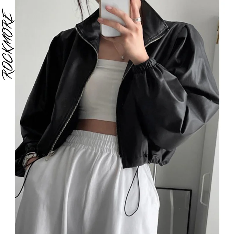 

Женские куртки из искусственной кожи Rockmore, свободные укороченные топы на молнии, Осенние уличные пальто с длинными рукавами, верхняя одежда...