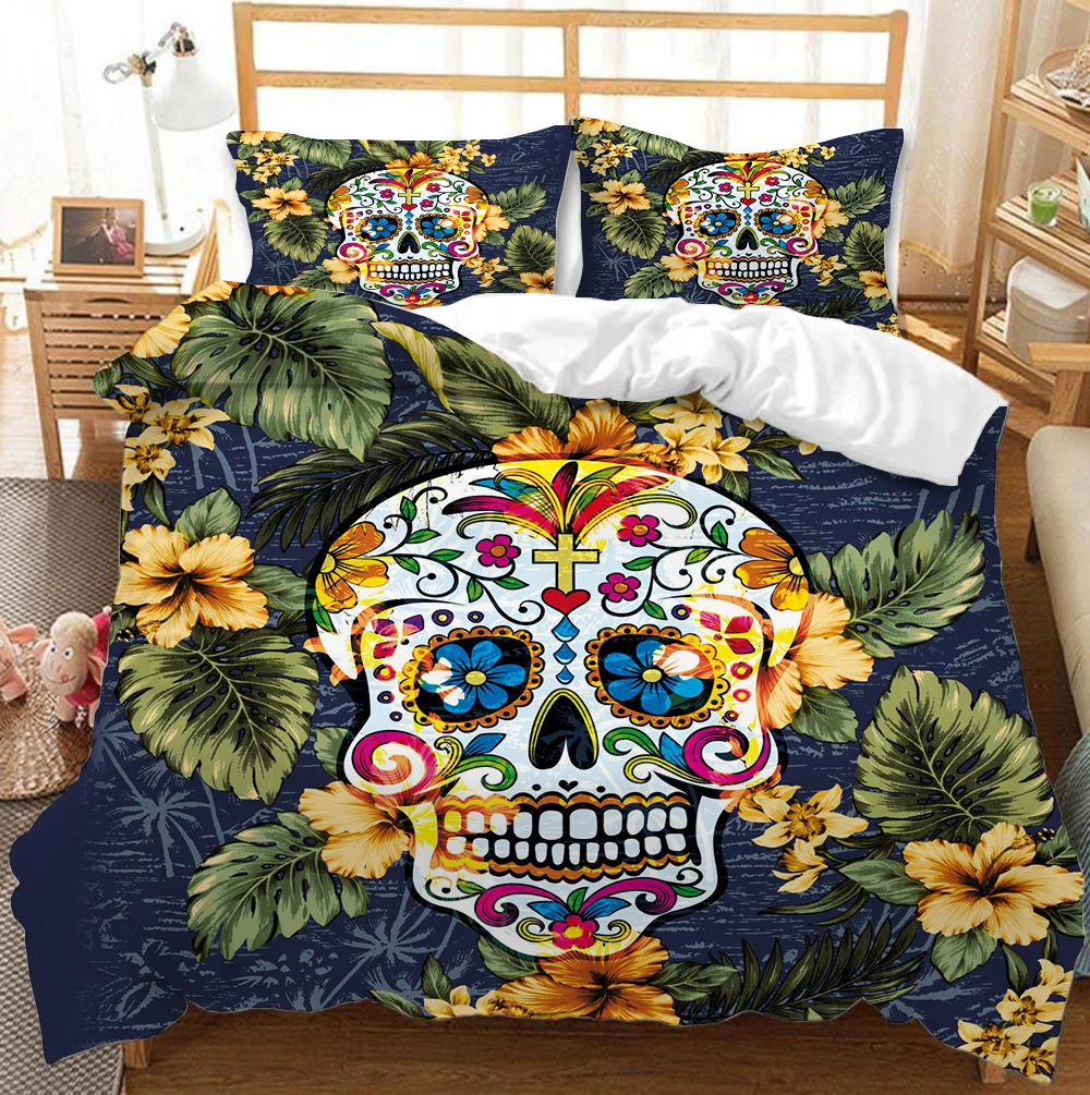 

Soft Boys Girls Bedding Set Skull Leaf Print Bedclothes AU EU US Cartoon Queen Duvet Cover 3pcs Free shipping Customizable Size