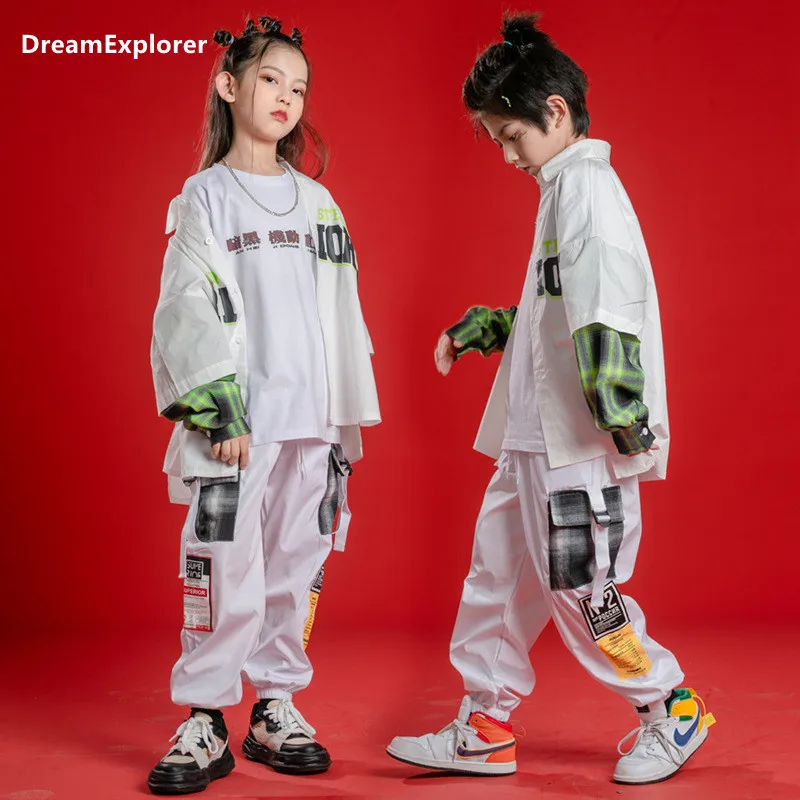 

Boys Street Dance Fake Two-piece Shirt Joggers Girls Plaid Blouse Hip Hop Cargo Pants Child Joggers Clothes Sets Kids Streetwear