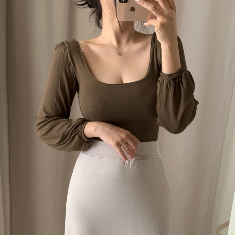 

Rockmore Solid Casual Crop Top Women Streetwear Square Collar Long Sleeve T-shirt Autumn Basic Tee Shirt Femme Fashion Korean