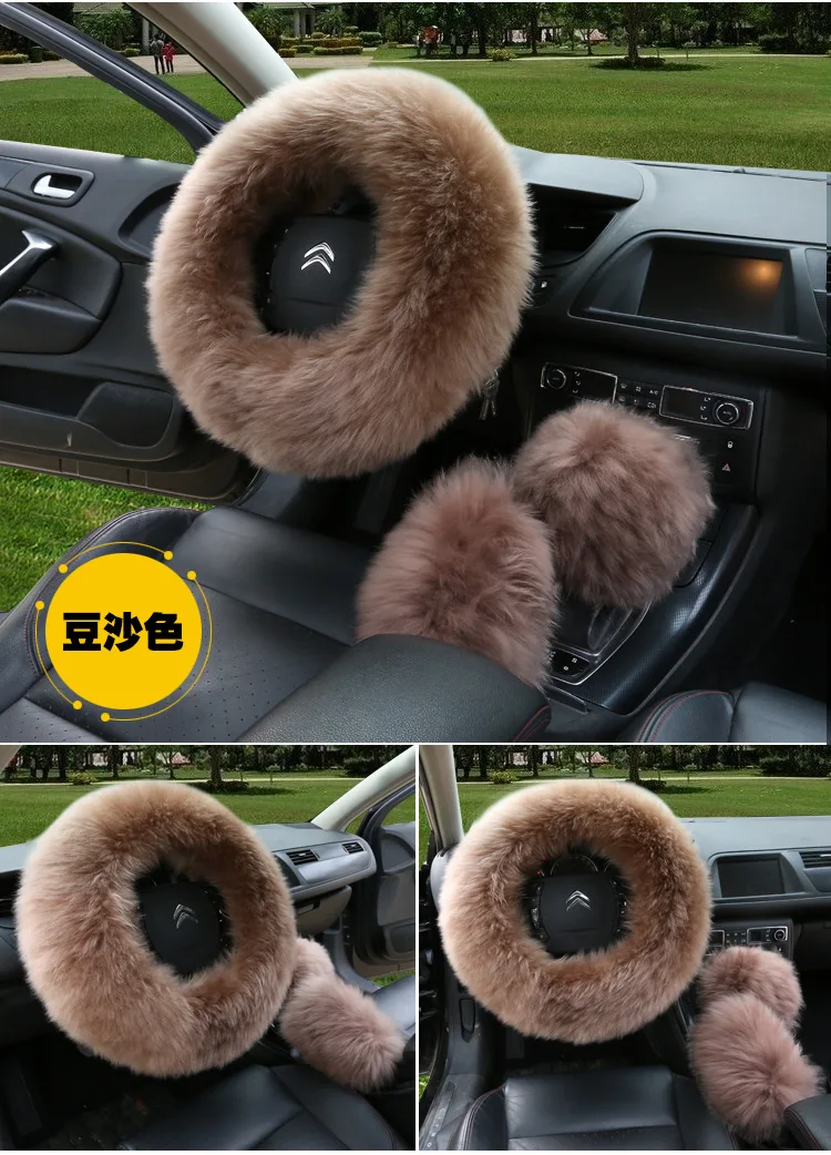 

Universal Steering wheel Plush Car Winter fur Hand Brake Gear Cover Set Car Accessories Steering Wheel Covers