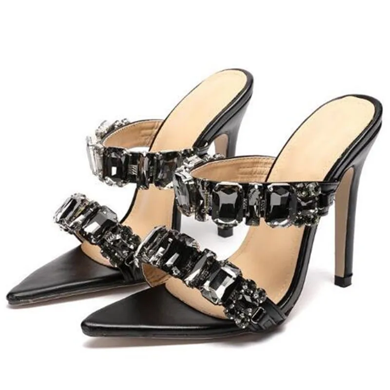 

Женские босоножки из искусственной кожи, без застежек, на тонком каблуке 11 см, с острым носком, стразы, неглубокие, женские босоножки, размер ...