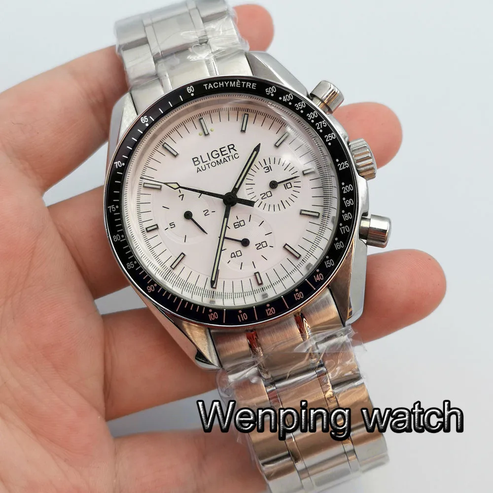 40mm Bliger gray dial week date indicator multifunction stainless steel strap automatic mens luxury mechanical watch | Наручные часы