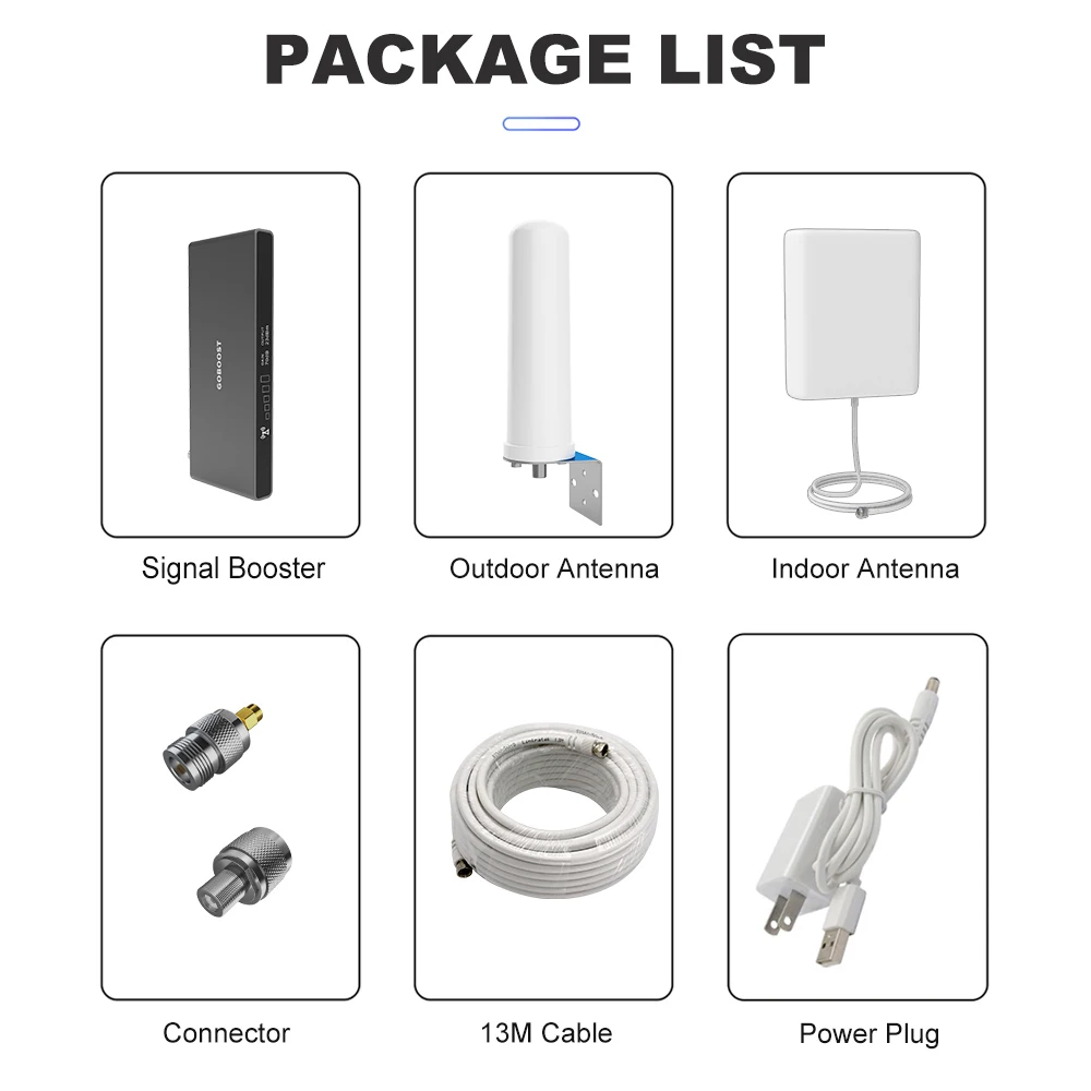 GOBOOST 70dB Signal Booster 2G 3G 4G Network Repeater LTE 700 800 850 900 1800 2100 MHz Cellular Amplifier With 360° Antenna Kit