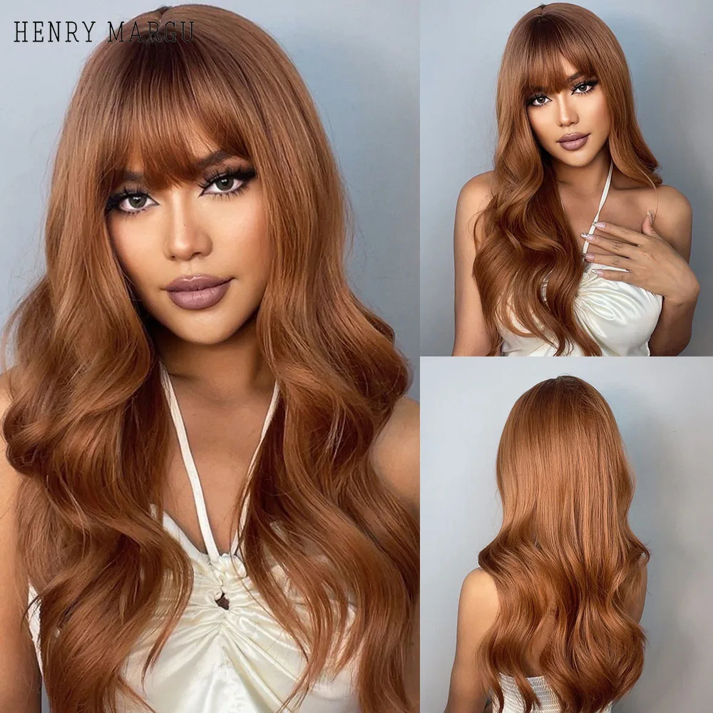 

HENRY MARGU Long Wavy Synthetic Wigs for Women Red Brown Copper Ginger Ombre Hair Wigs with Bangs Cosplay Party Heat Resistant