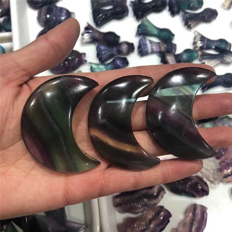 

Natural colored fluorite hand-carved moon, very beautiful crystal carved home decoration Christmas gifts
