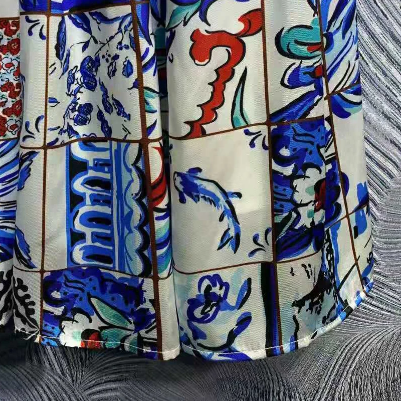 

SEQINYY Vintage Shirt Dress Blue Flowers Print Plaid Summer Spring New Fashion Design Women Runway Casual Elegant High Quality