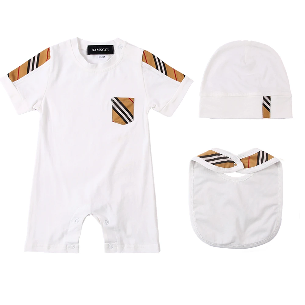 

Designer Clothes Summer Baby Boy Girl Rompers 3-piece Set Newborn Infant Clothes Plaid Toddler Cotton Jumpsuit Hat Bibs Outfit