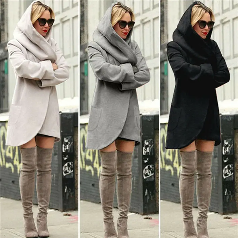 Женское шерстяное тонкое пальто с капюшоном свободные женские зимние толстовки